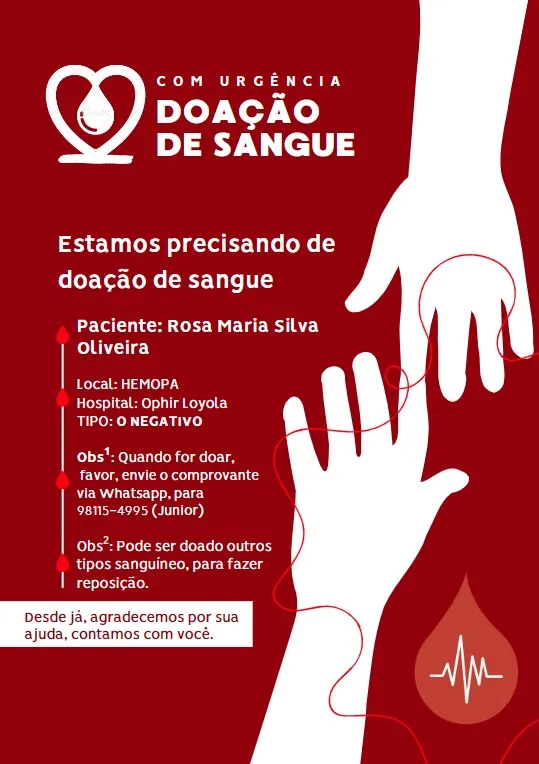 Paciente precisa de doação de sangue O negativo em Belém