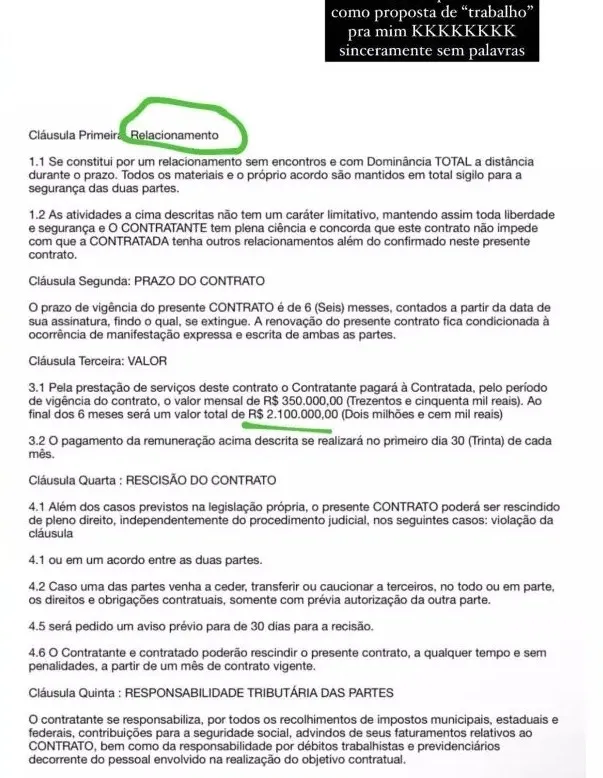Contrato de trabalho recebido pela influenciadora.