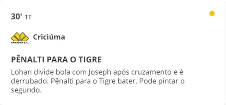 O pênalti em Criciúma x Tombense, cometido por Joseph