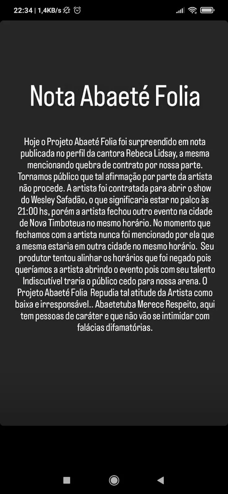 Cantora Rebeca Lindsay acusa quebra de contrato de show