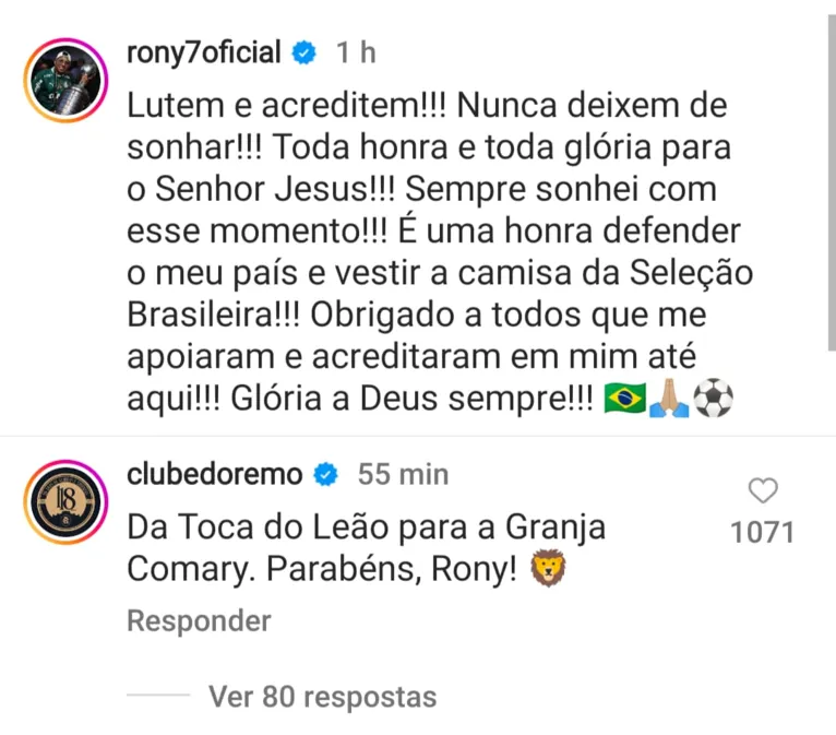 Comentário do perfil oficial do Remo, nas postagem de Rony em comemoração à primeira convocação para a Seleção.