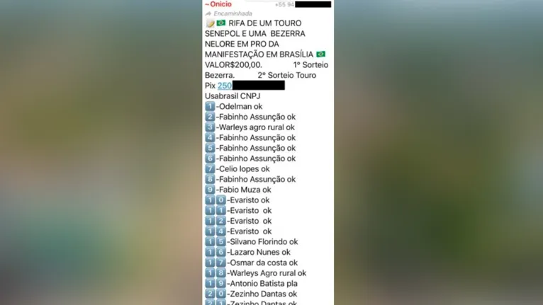 Onício Lauriano divulgou rifa de R$ 200 da USA Brasil em grupo de WhatsApp