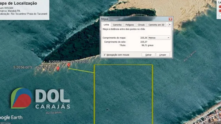 Extração de areia em uma área fora da poligonal autorizada