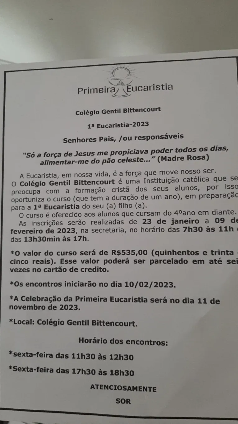 Anuncio com os valor da inscrição para o curso da primeira Eucaristia do  Colégio Gentil Bittencourt .