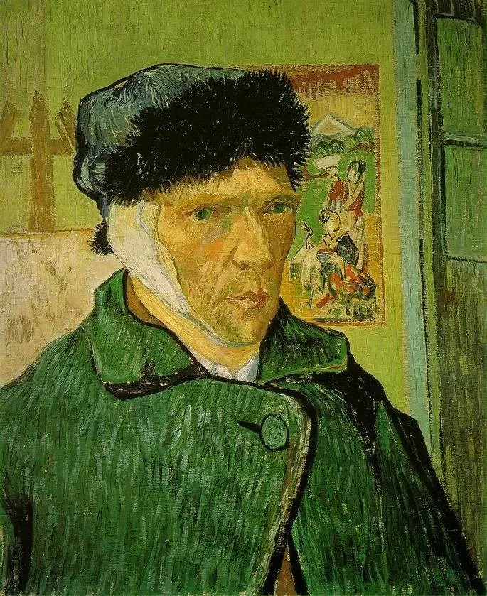A obra "Autorretrato com a orelha cortada", de 1889, regitra um episódio misterioso na vida do pintor que teria amputado a própria orelha direita.