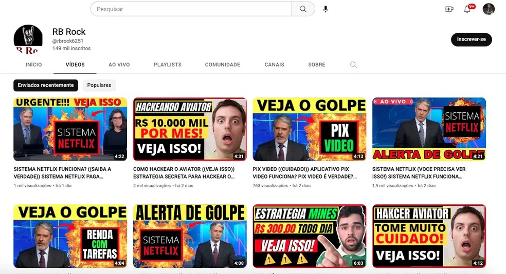 Vídeos do canal RB Rock do YouTube dizem que o esquema fraudulento funciona