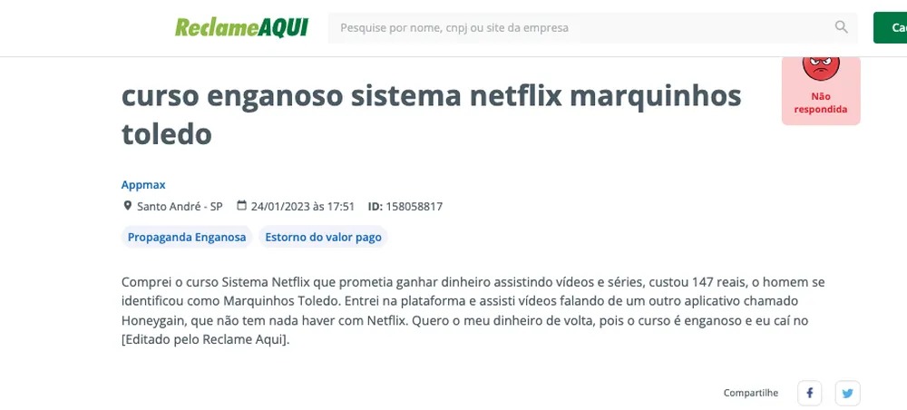Usuário reclama do Sistema Netflix no Reclame Aqui