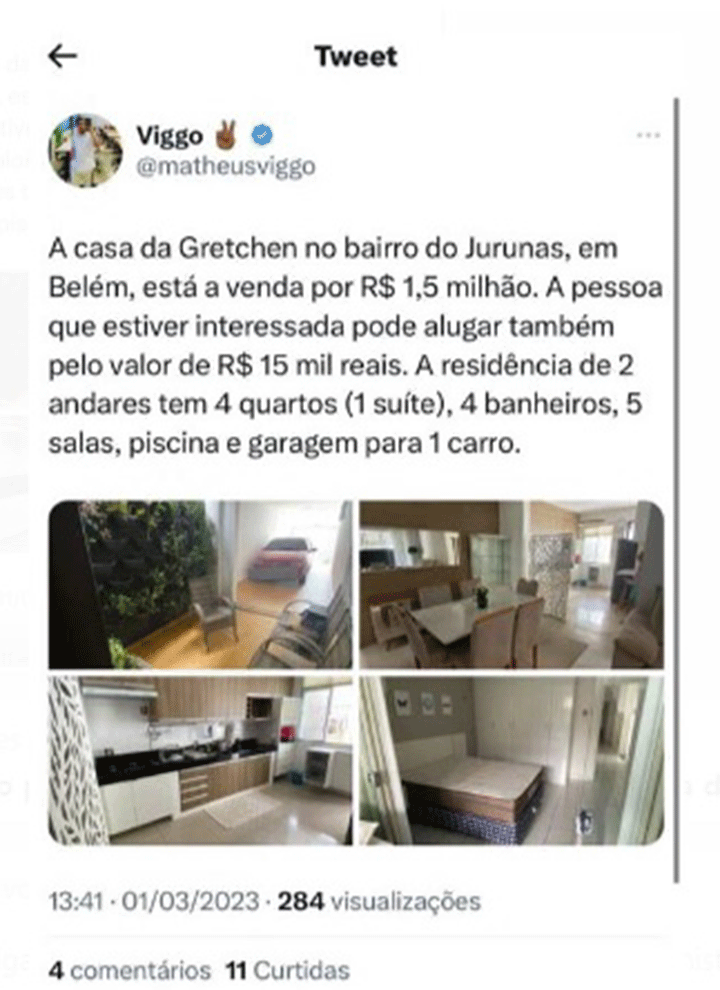 Gretchen coloca casa no Jurunas a venda por R$ 1,5 milhão