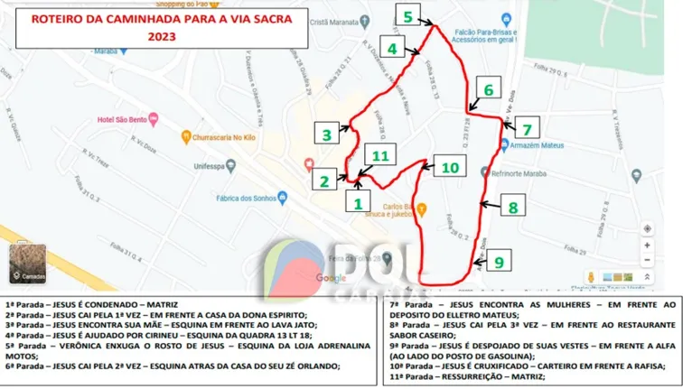 Roteiro da caminhada da Via Sacra encenada com as paradas, as "Estações" da Paixão de Cristo