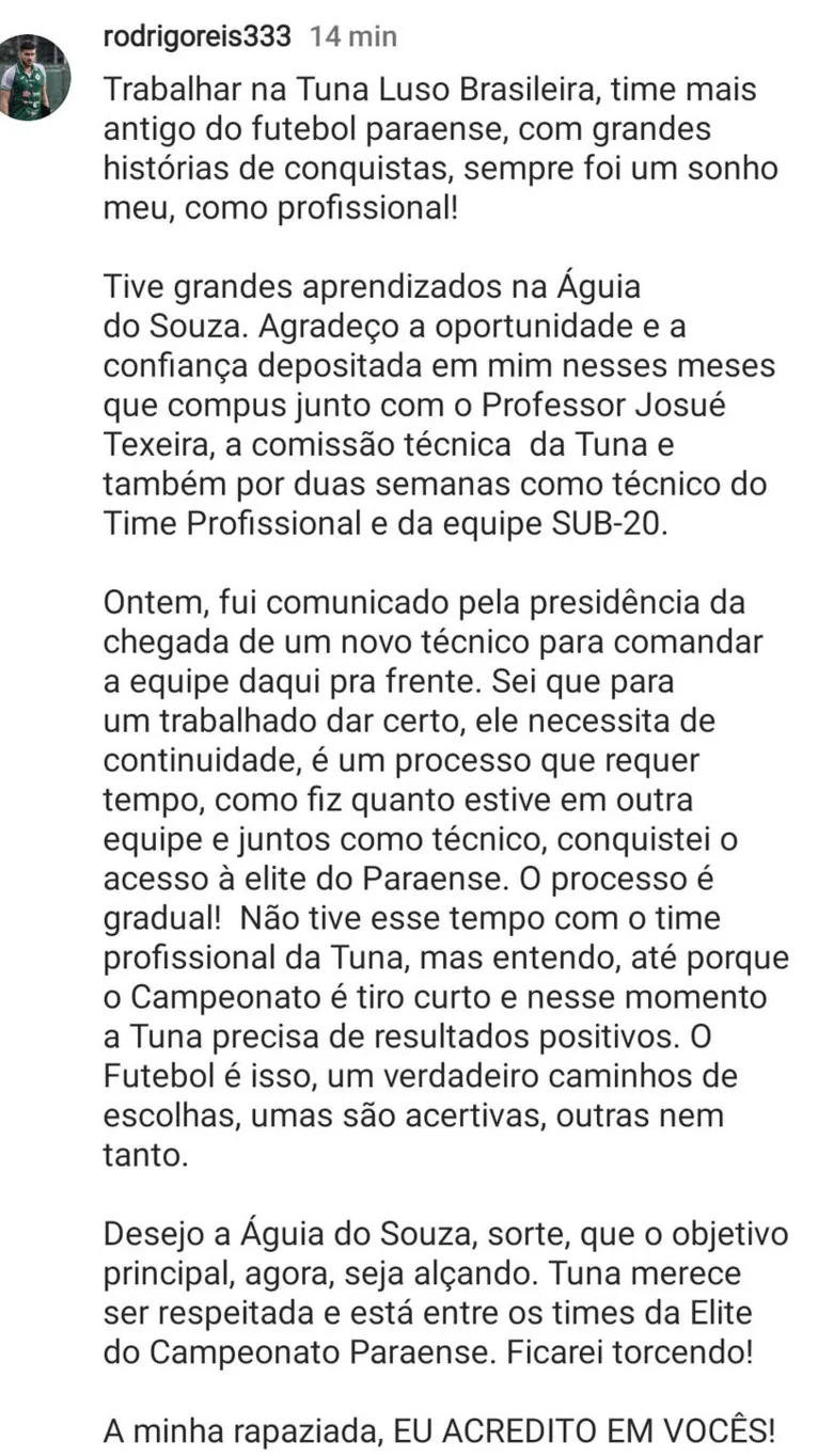 Técnico Rodrigo Reis se despede da Tuna Luso Brasileira.