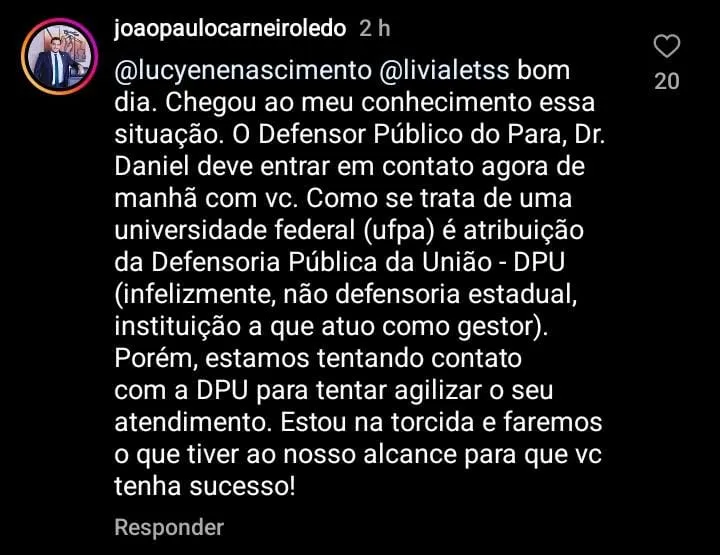 Mensagens de apoio e ajuda pelo Instagram de Lívia