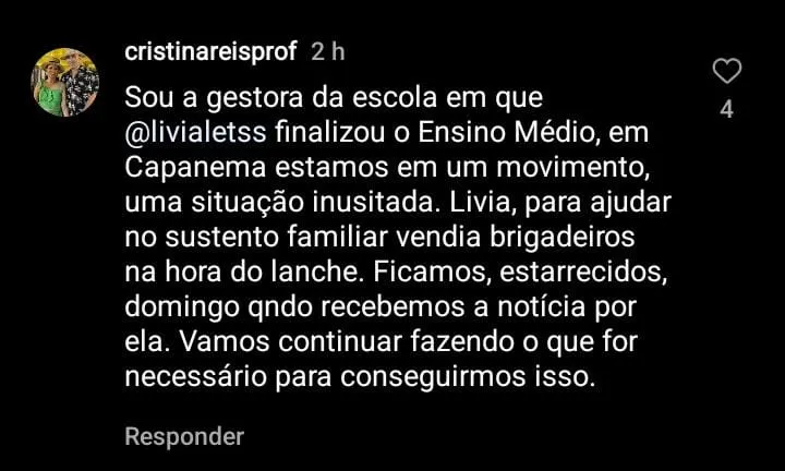 Gestora da escola de Lívia falando sobre a rotina da jovem