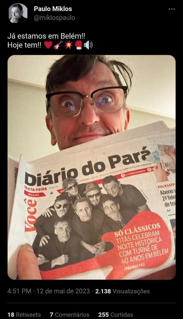 Paulo Miklos faz
post com capa do Diário do Pará 