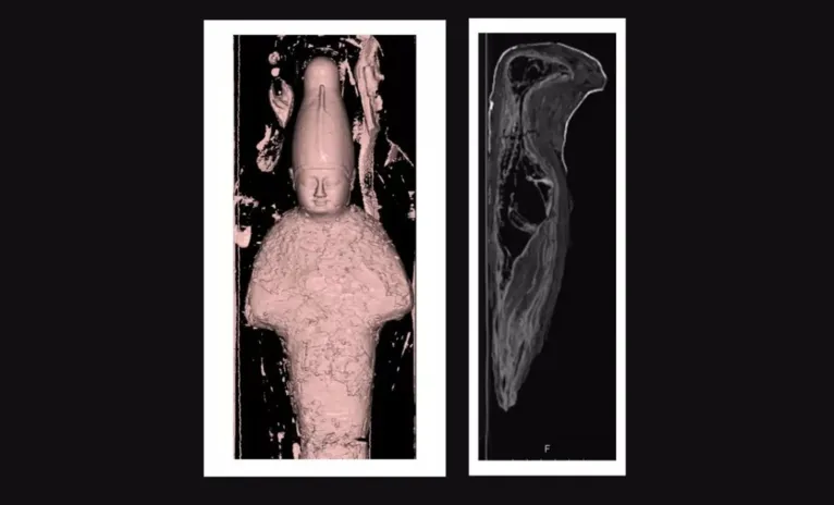 Tomografias revelaram que uma das múmias era, na verdade, um objeto feito de argila e grãos; já a outra era o cadáver de uma ave