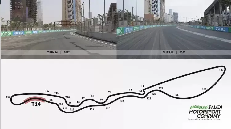 Uma das mudanças foi o afastamento dos muros do lado interno da curva 14 do Circuito de Jeddah.