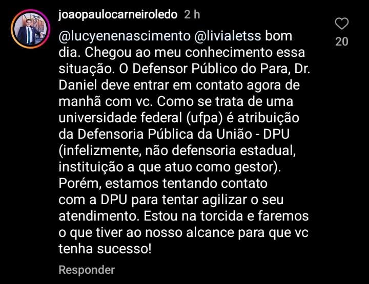 Mensagens de apoio e ajuda pelo Instagram de Lívia