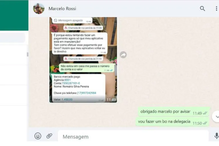 Tio do advogado João Vitor Rossi enviou imagem da tentativa de golpe, que sofreu de perfil que se passava pelo sobrinho