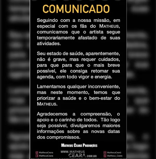 O comunicado foi feito pelo Instagram