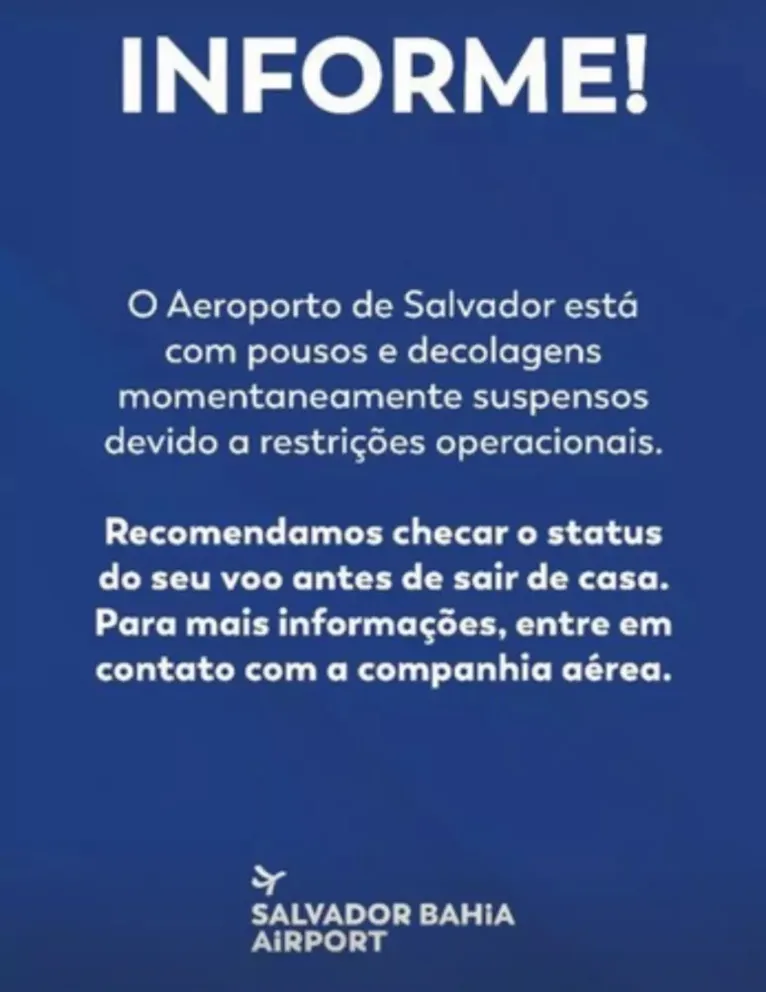 Salvador: aeroporto tem atividades suspensas nesta terça (6)