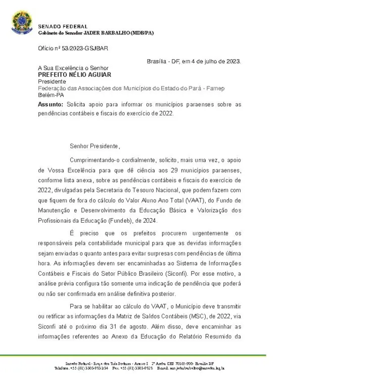 Jader lembra que é importante que prefeitos enviem informações o quanto antes