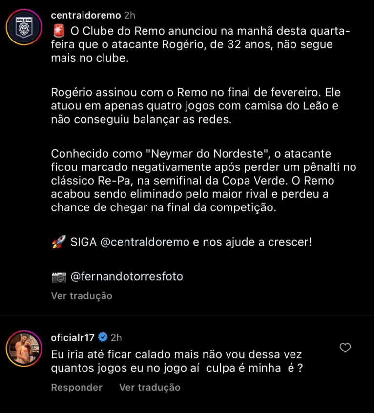 Rogério faz comentário e depois apaga após dispensa no Remo