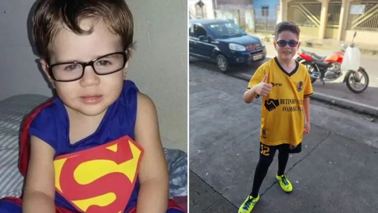 Benício, hoje com 8 anos, foi diagnosticado com miopia e astigmatismo aos 2 anos. Ele usa óculos desde então.