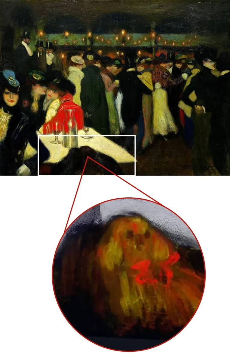 Montagem mostra o quadro de Picasso como é visto museu (acima) e a imagem do cachorro que pode ser vista por técnica de raio-x (abaixo)