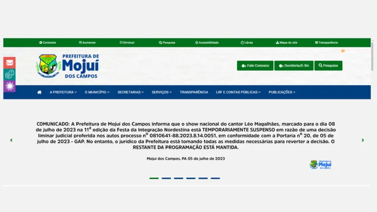 Reprodução de tela do site da Prefeitura de Mojuí dos Campos