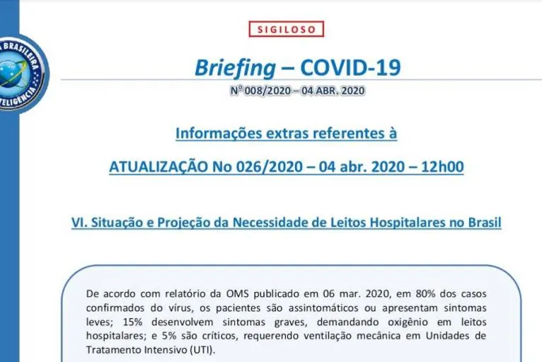 Documento da Abin de 4 de abril de 2020, com carimbo de 'sigiloso', projeta necessidade de leitos hospitalares no Brasil com o avanço da Covid