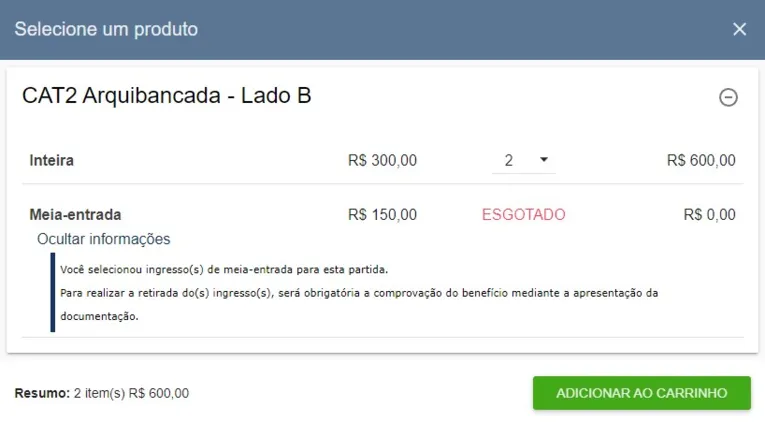 Ingressos de meia-entrada não estão mais disponíveis.