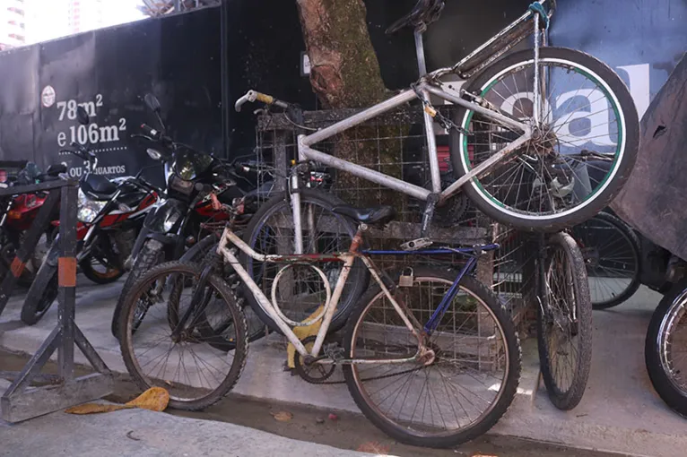Até árvores servem como "estacionamento" para guardar as bikes de trabalhadores.