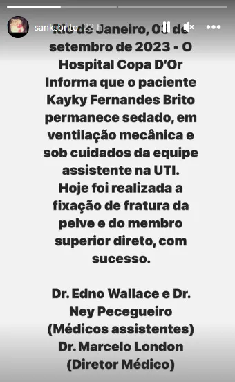 Boletim Médico divulgado pela mãe do ator, Sandra Brito