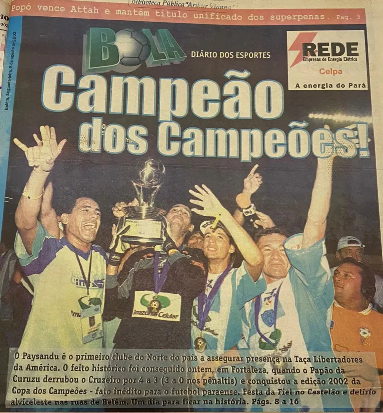 A histórica capa do Bola de 5 de agosto de 2002, que registrou a grande conquista bicolor.