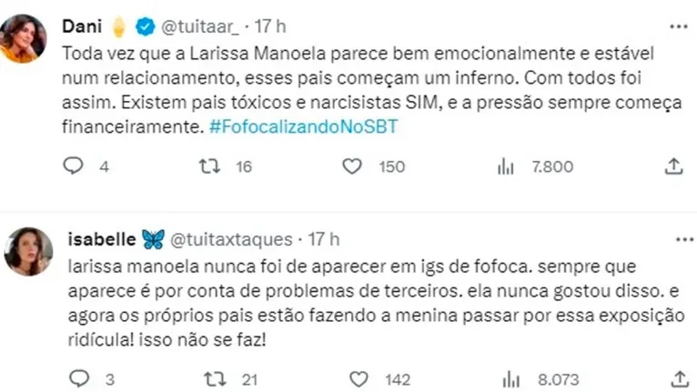 Larissa Manoela curte post que chama os pais de tóxicos