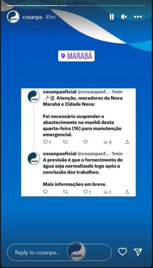 Aviso de falta de água foi divulgado no reels do Instagram da Cosanpa