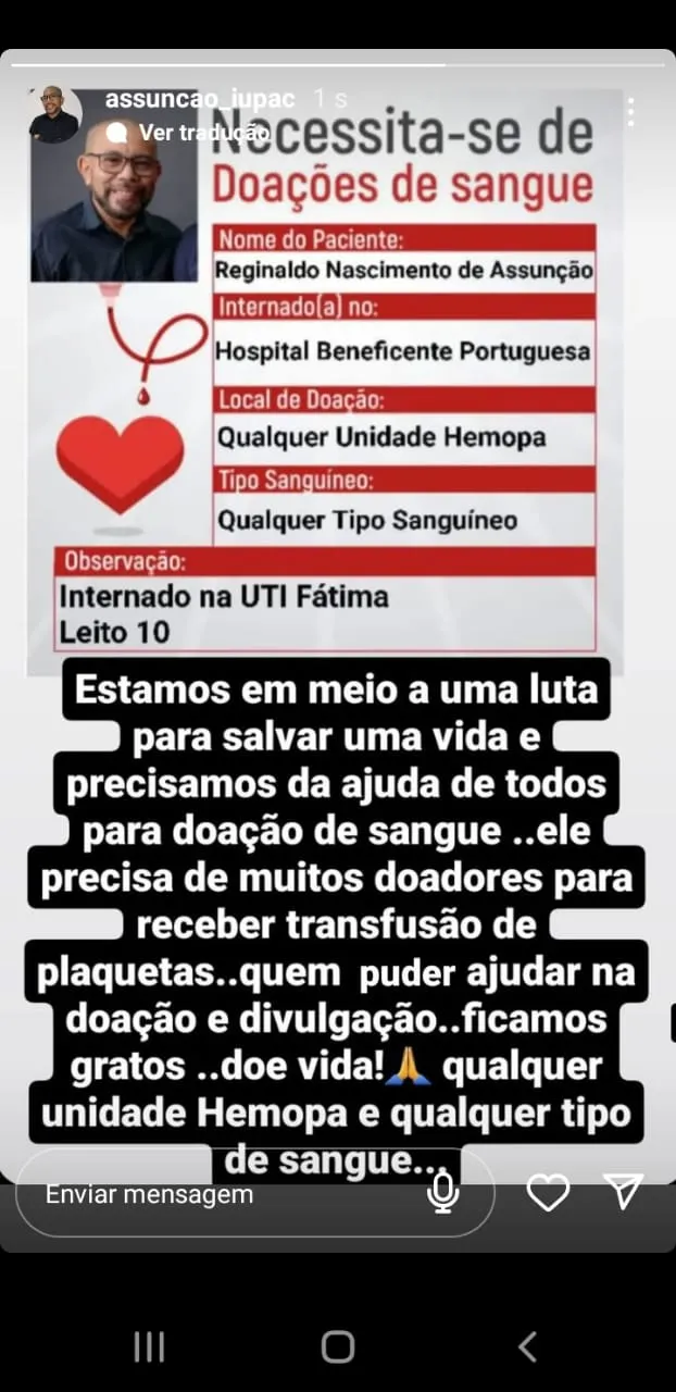 PA: Paciente precisa de doações de sangue de qualquer tipo