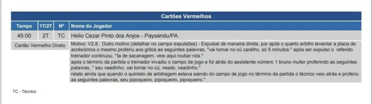 Súmula oficial da partida entre Paysandu x Volta Redonda