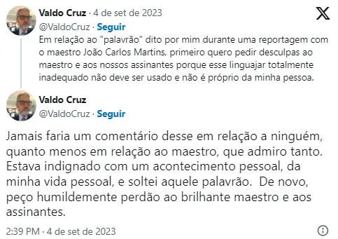 Valdo se retrata na plataforma "X", antigo Twitter