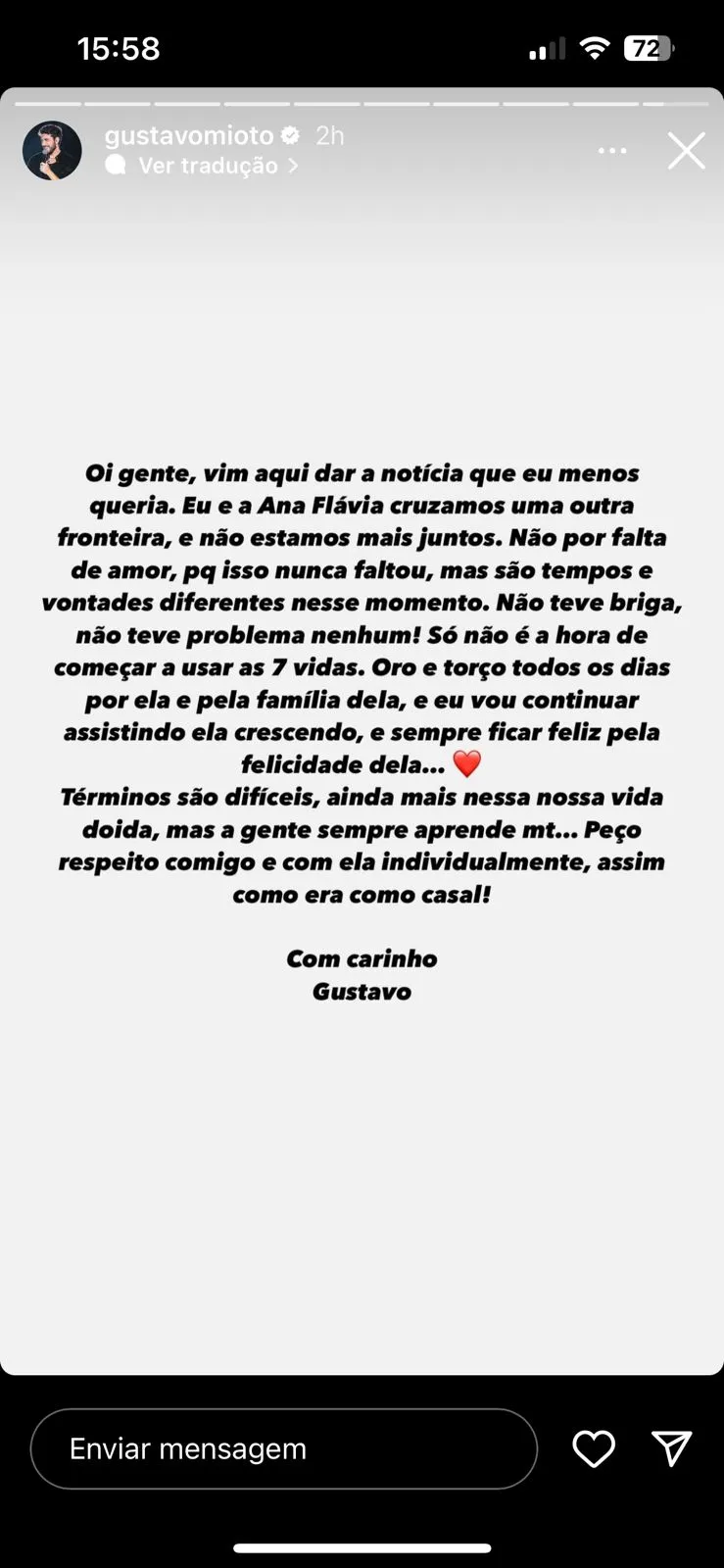 Comunicado do cantor Gustavo Mioto sobre o fim do relacionamento