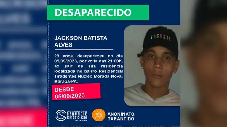 Cartaz divulgado desaparecimento do jovem