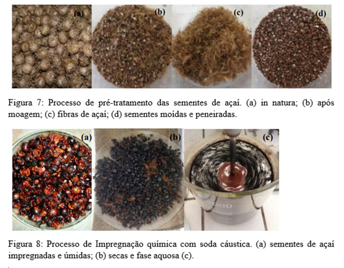Produtos do processo de pirólise: bio-óleo, fase aquosa e carvão das sementes in natura (a) e impregnadas (b).
