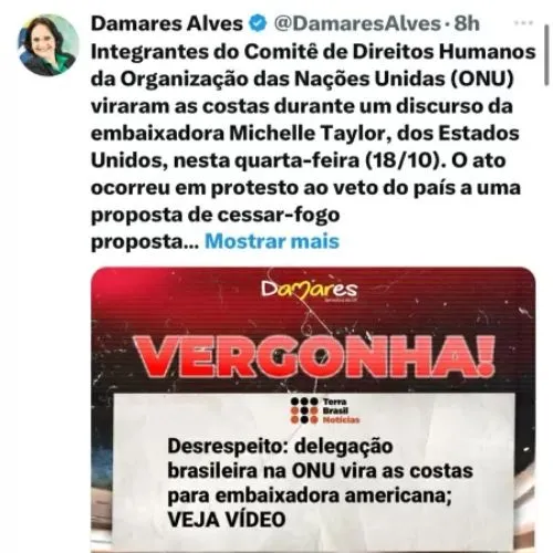 Postagem de Damares no "X", antigo Twitter