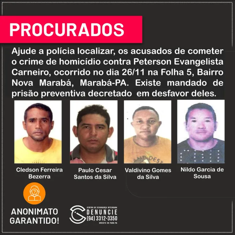 Cartaz de procurados dos suespeitos de matar o jovem Peterson Evangelista Carneiro