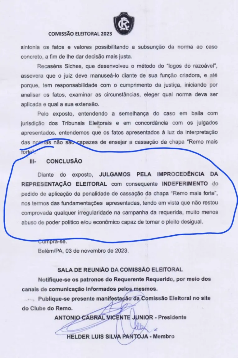 Decisão da comissão eleitoral do Clube do Remo