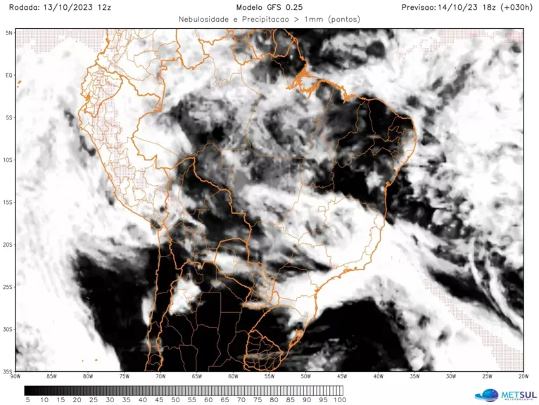 Previsão de nebulosidade para o dia em todo o Brasil