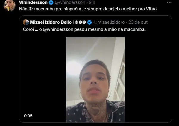 Publicação mostra resposta de Whindersson sobre "macumba" contra Vitão