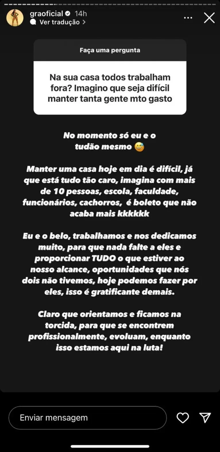 Gracyanne desabafa por sustentar mais de 10 pessoas com Belo