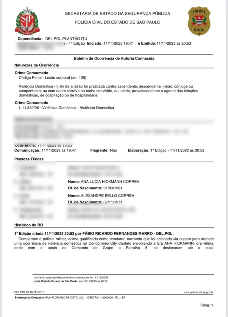 Ana Hickmann acusa o marido de lesão corporal. Veja o BO