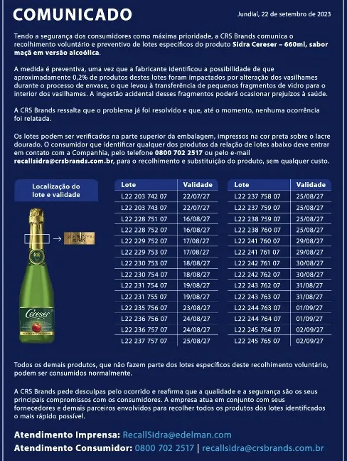 2,2 milhões garrafas de Cereser são recolhidas pela Anvisa