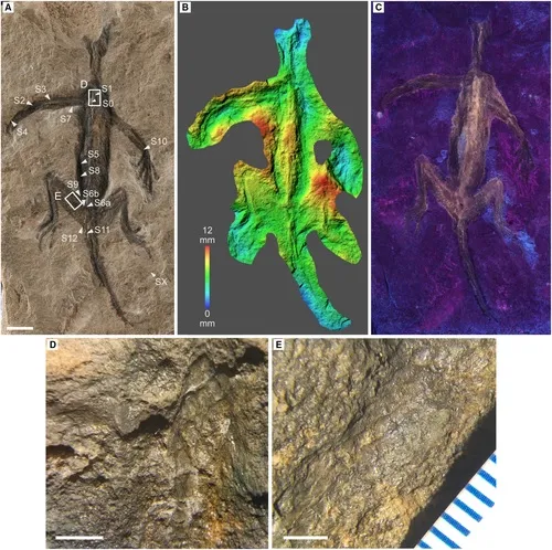Tridentinosaurus antiquus . A, fotografia da amostra, incluindo locais de amostragem S0–S12 e SX (matriz). B, mapa da topografia da superfície do corpo de prova, destacando a topografia superficial. C, fotografia UV mostrando a fluorescência de toda a amostra. D, alargamento da região dos ombros, delineado em A. E, alargamento da região da cintura pélvica, delineado em A. As barras da escala representam: 20 mm (A); 5 mm (D); 3 mm (E).